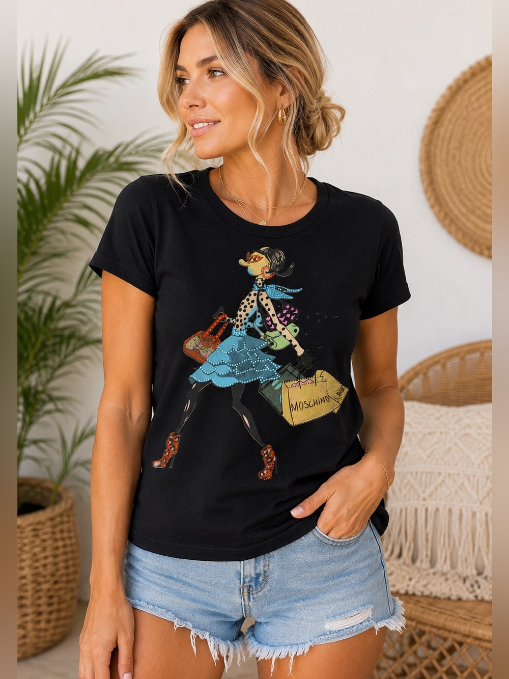 Rare Love Moschino “Shopping Maniac” Rhinestone Graphic Tee